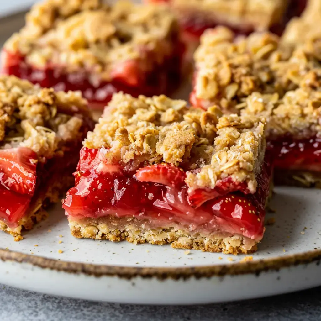 Des carrés aux fraises et flocons d'avoine présentés sur une assiette