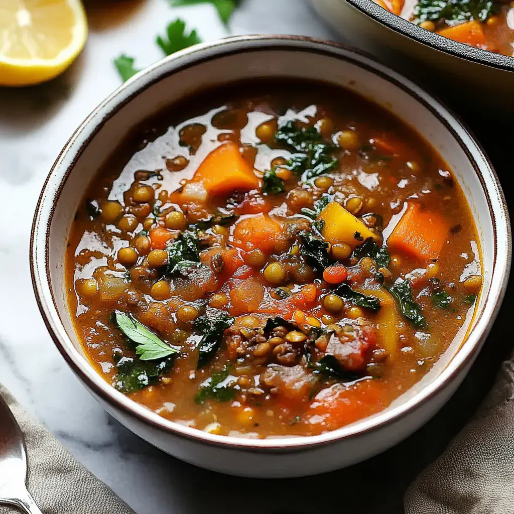 Un bol de soupe épaisse contenant des lentilles, des légumes colorés et des herbes, sur une surface en marbre.