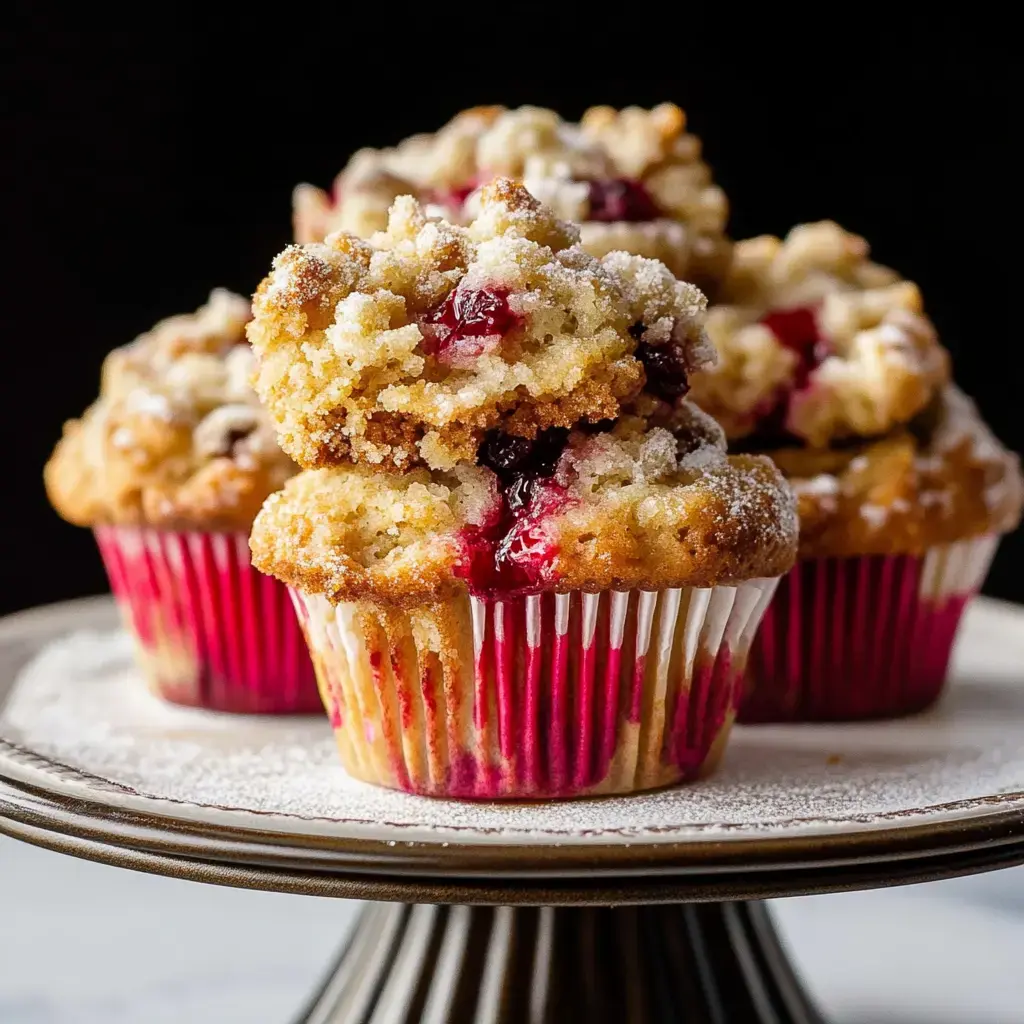 Muffins aux cranberries décorés de sucre glace sur un plateau de service