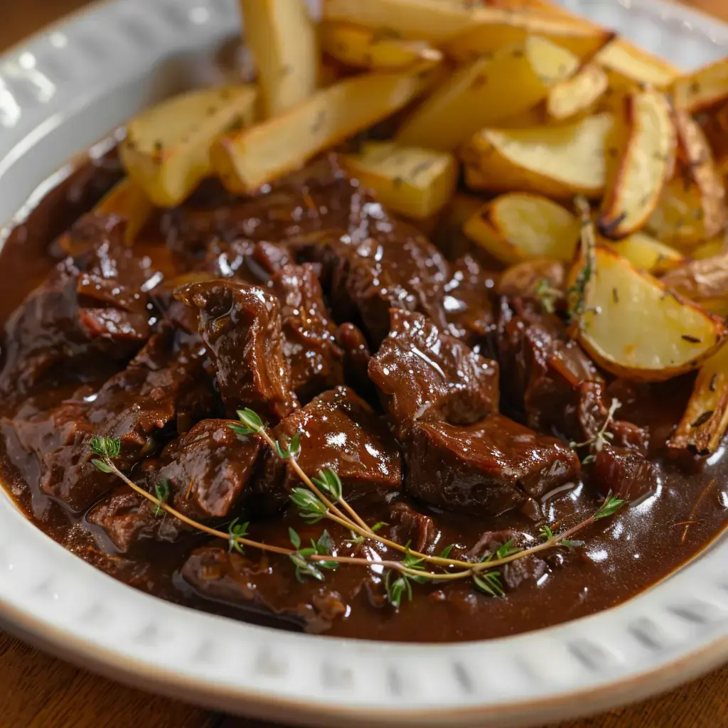 Un plat de bœuf bourguignon fumant avec sa sauce au vin rouge, accompagné de pommes de terre vapeur et décoré d'un brin de persil.