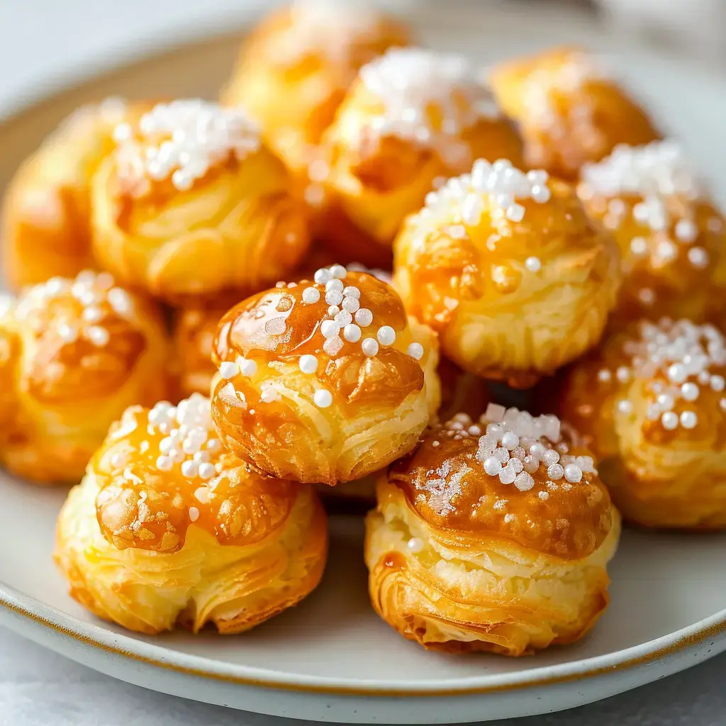 Chouquettes dorées garnies de sucre perlé, disposées élégamment sur un plat de service