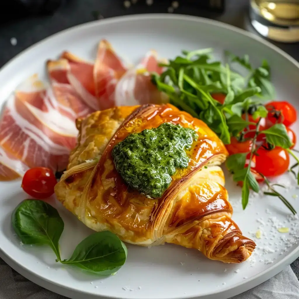 Un chausson feuilleté doré garni de pesto, accompagné de jambon de Bayonne, roquette, tomates cerises et basilic frais