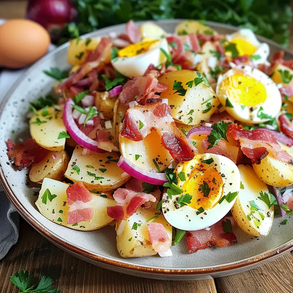 Salade piémontaise traditionnelle garnie de lardons dorés, œufs durs et herbes fraîches