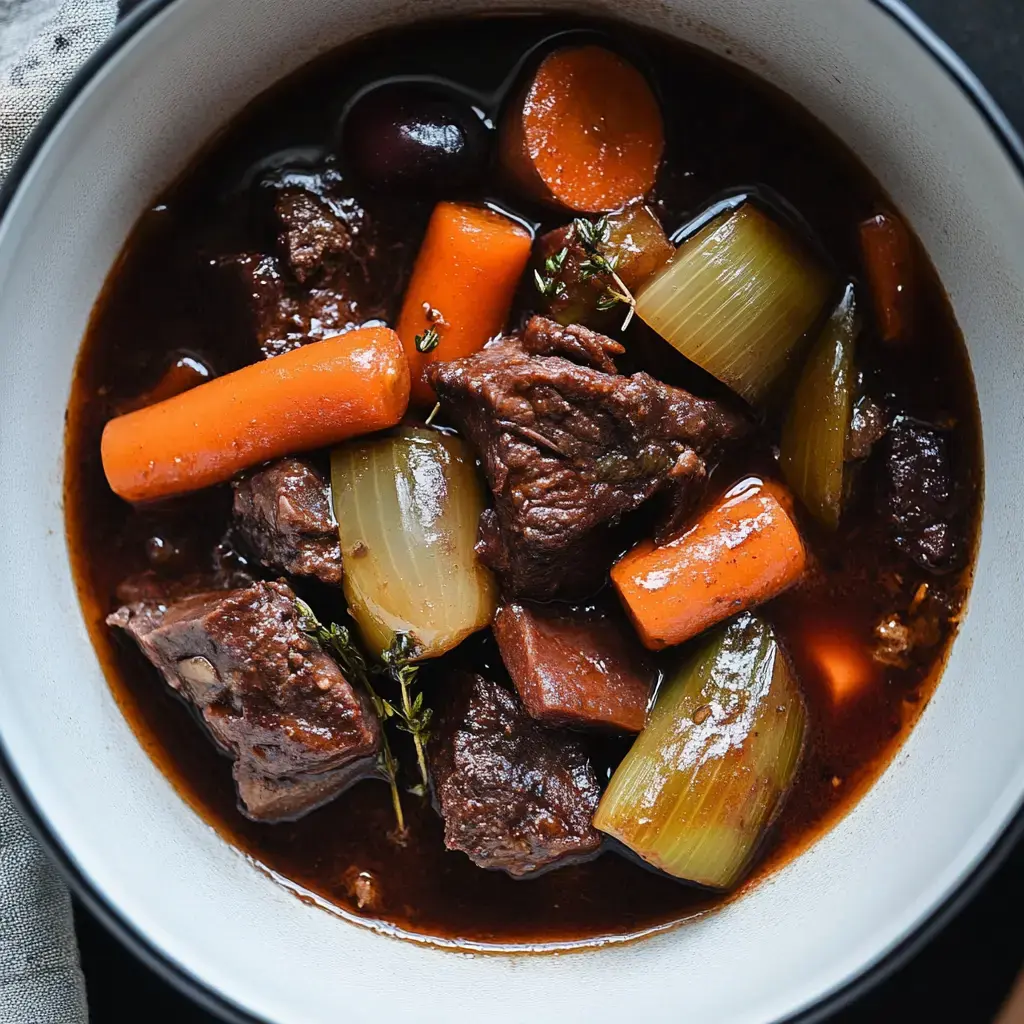 Un boeuf bourguignon traditionnel mijoté avec ses légumes et sa sauce au vin rouge