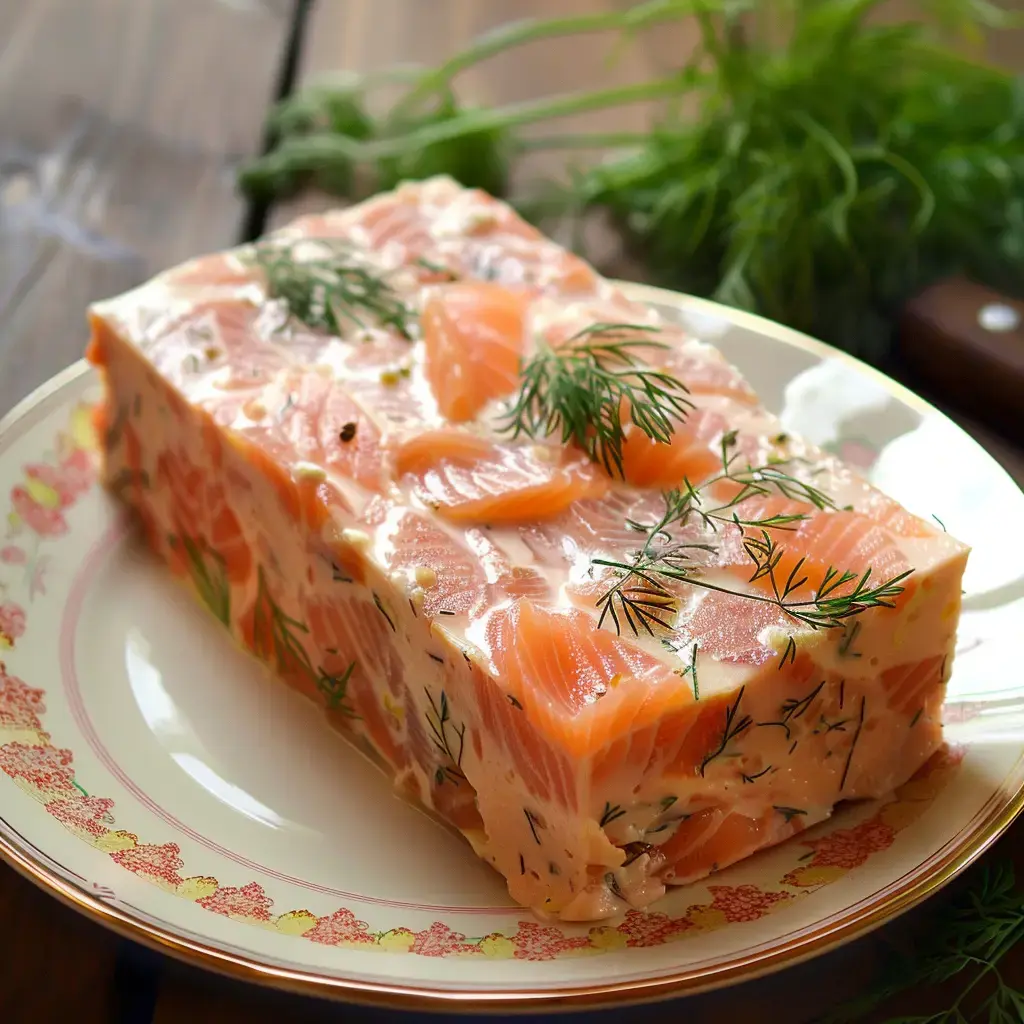 Une terrine de saumon décorée d'aneth fraîche présentée sur un plat de service élégant