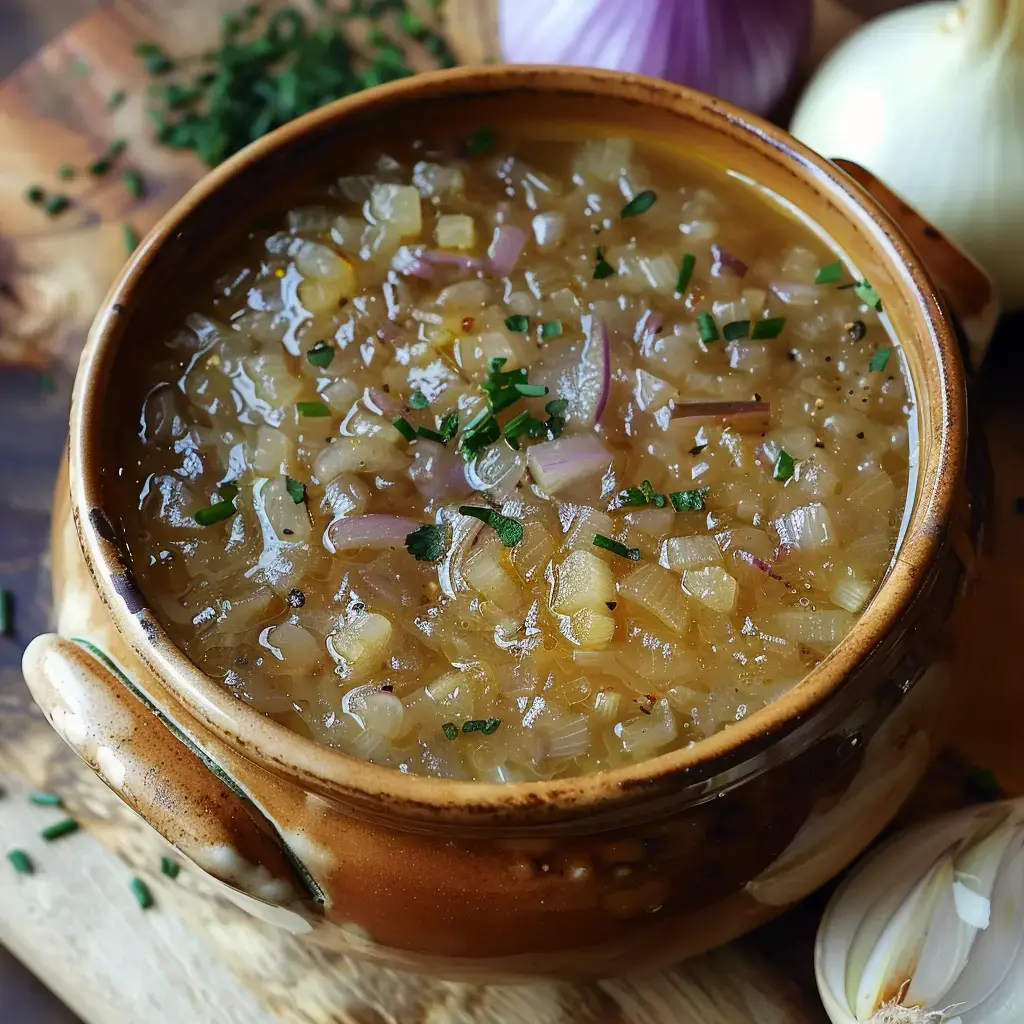 Une soupe à l'oignon servie dans une cocotte en terre cuite, garnie de ciboulette fraîche, accompagnée d'oignons frais