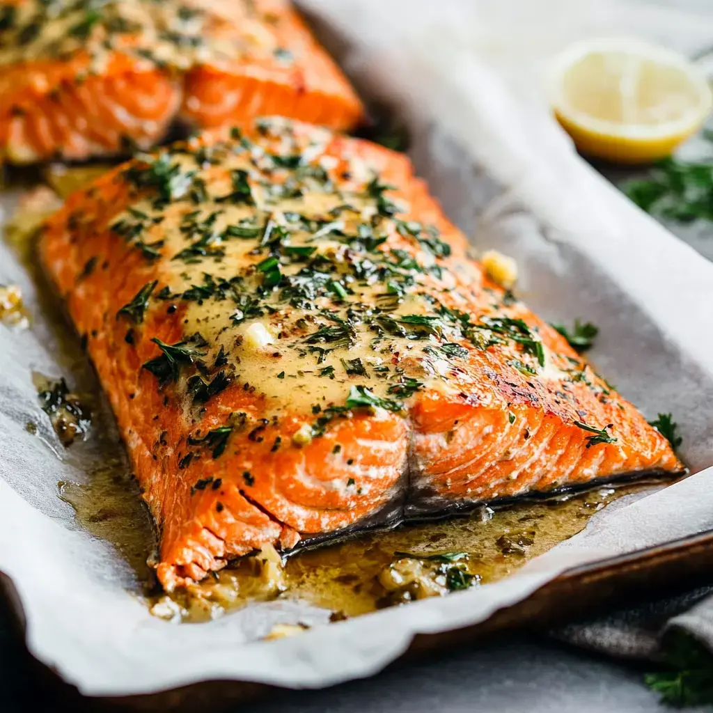 Pavé de saumon laqué de sauce à l'ail et aux herbes, présenté sur papier cuisson avec quartier de citron