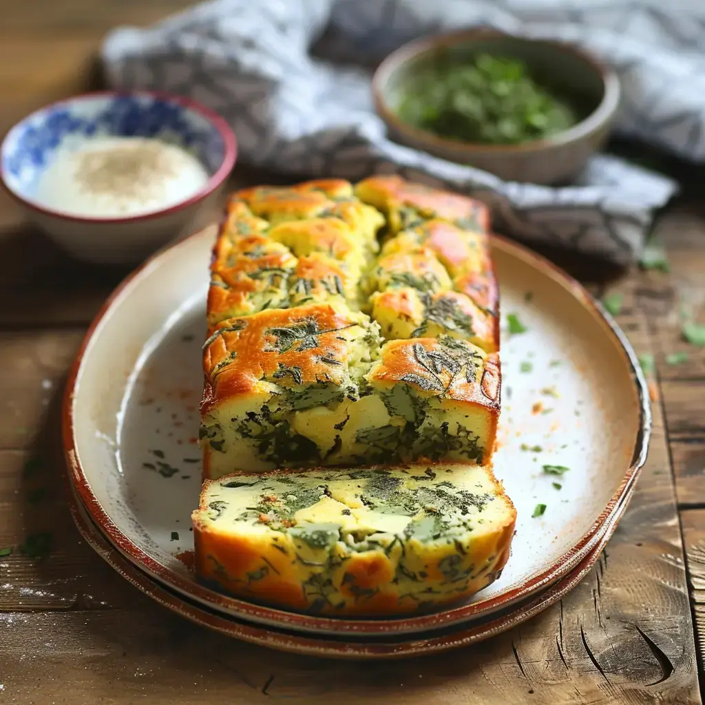 Un cake aux herbes tranché présenté sur une assiette avec ses garnitures en arrière-plan