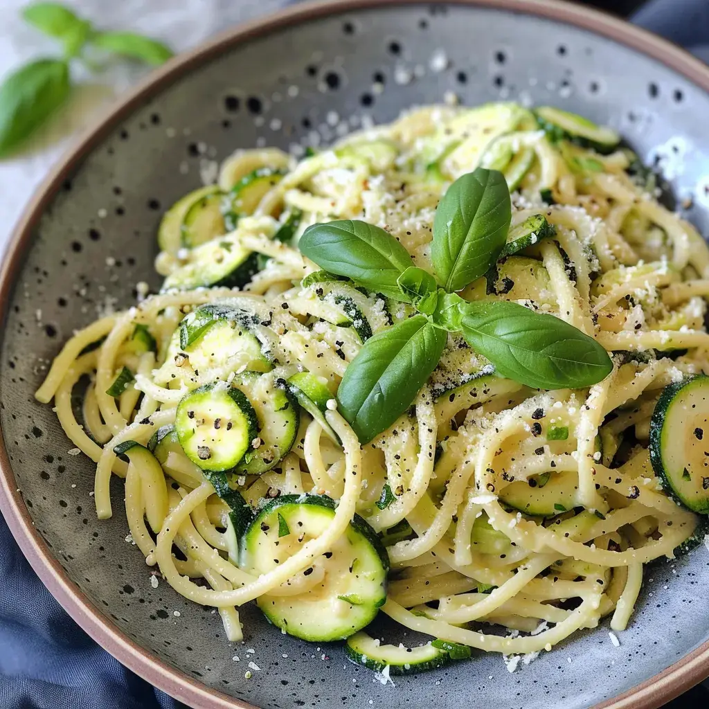 Spaghetti à la crème de courgettes garnis de basilic et de Comté râpé