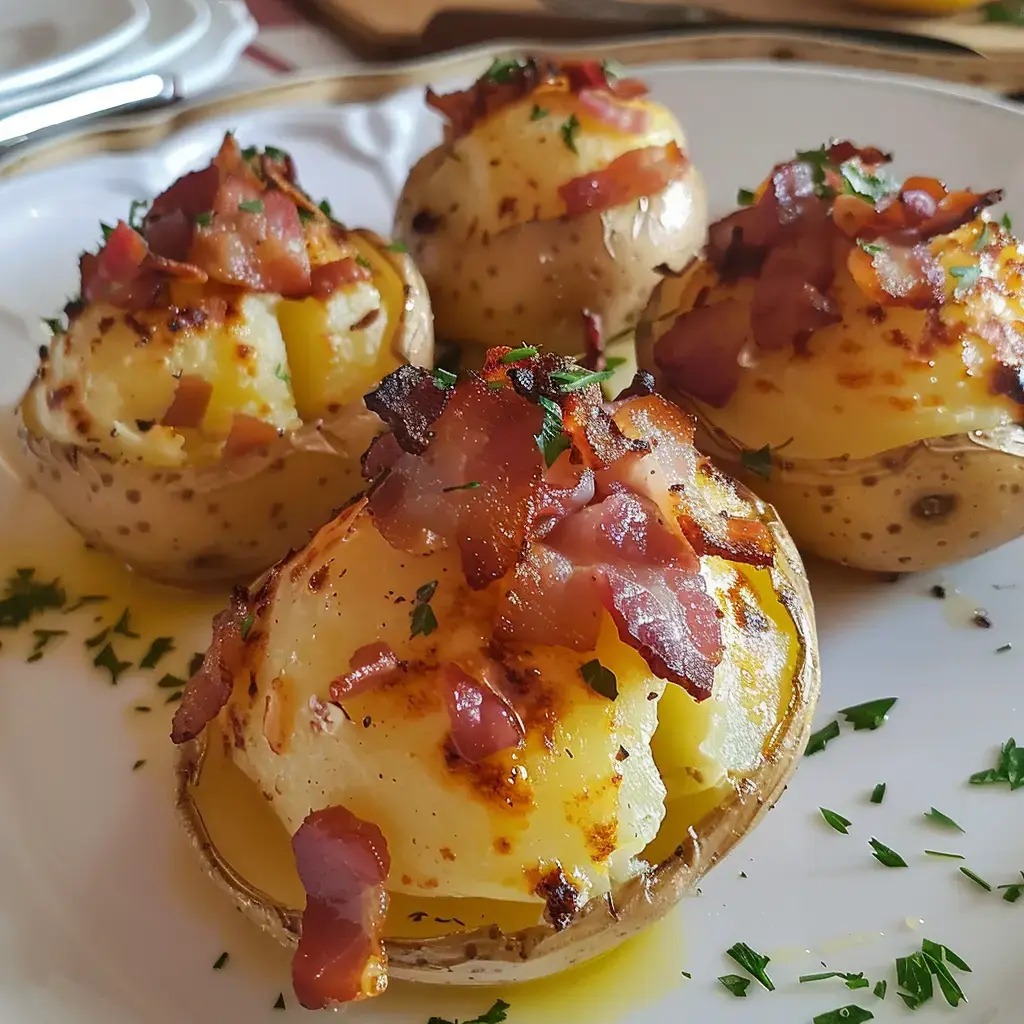 Quatre pommes de terre farcies, garnies de purée crémeuse, de lardons croustillants et de persil, présentées sur une assiette.