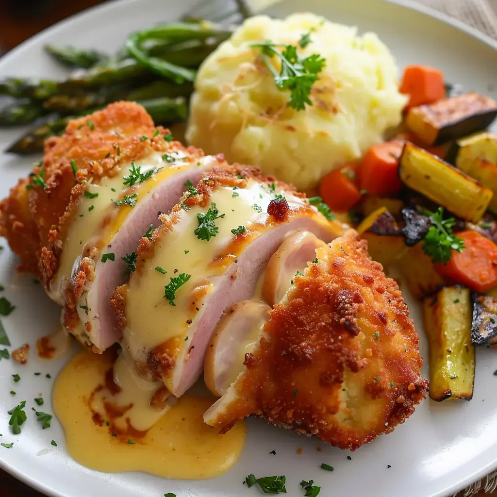 Un cordon bleu doré accompagné de purée maison et de légumes de saison rôtis