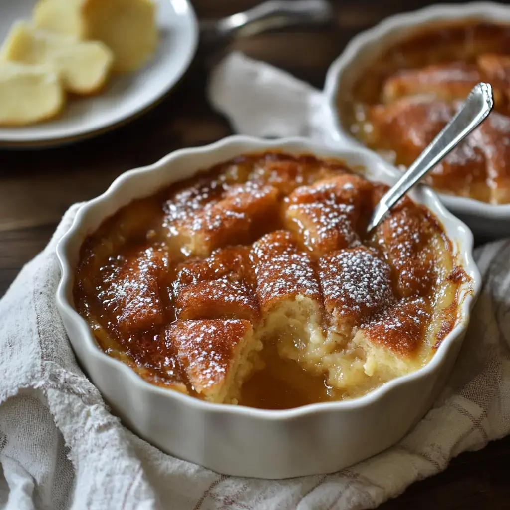 Un gâteau doré nappé de sirop d'érable, servi dans un plat en céramique, avec une part découpée