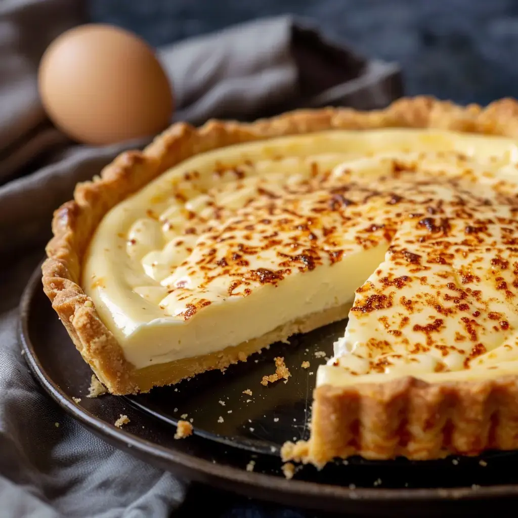 Une tarte au fromage blanc dorée avec une part coupée, servie sur une assiette noire à côté d'un œuf