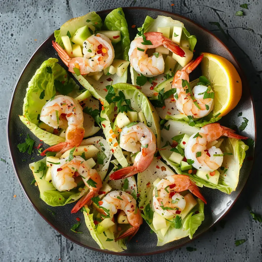 Présentation élégante d'endives farcies aux crevettes et à l'avocat, disposées en rosace sur un plat de service