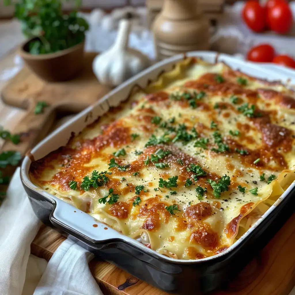 Un plat de lasagnes dorées, garni de persil frais, est présenté dans un plat noir, entouré d'ail et de tomates.