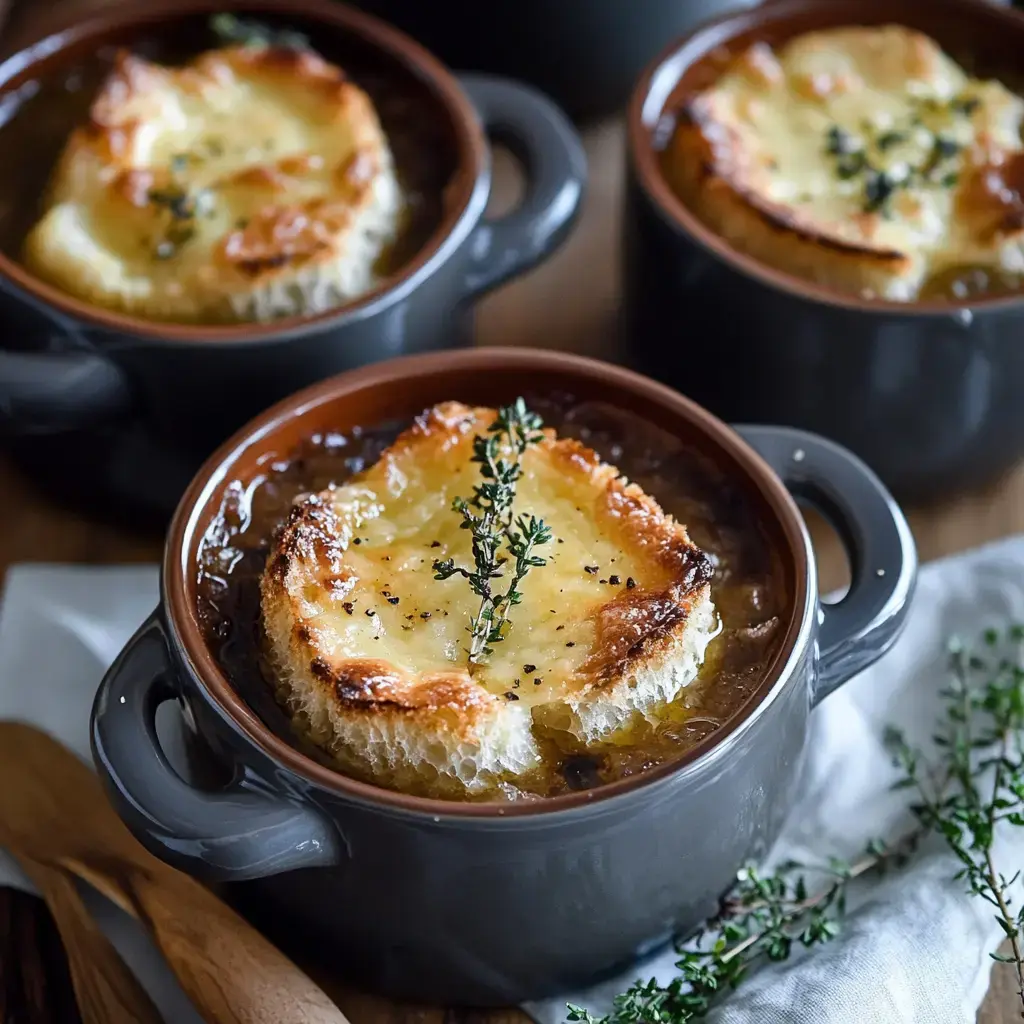 Une soupe à l'oignon gratinée dans un bol en terre cuite, garnie de croûtons dorés et de Comté fondu