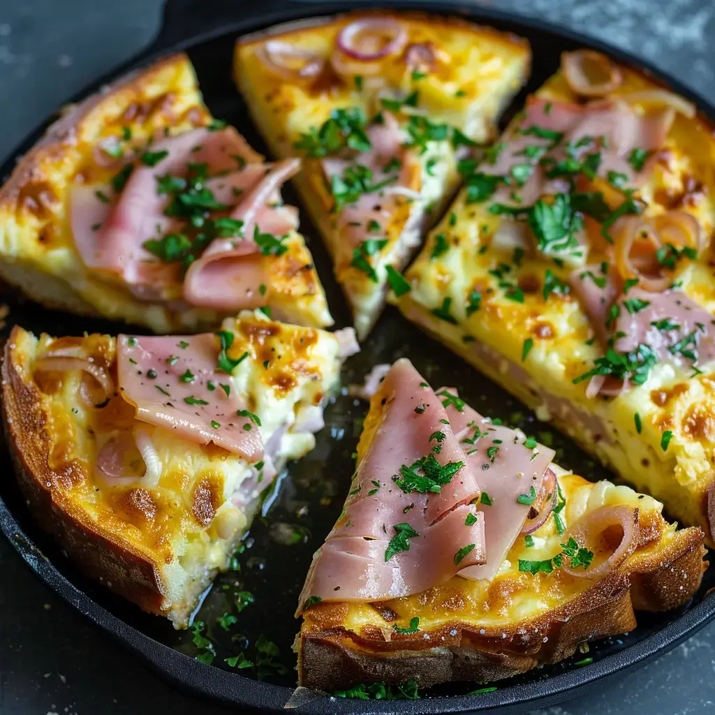 Pain perdu salé gratiné garni de jambon et persil, servi dans un plat en fonte