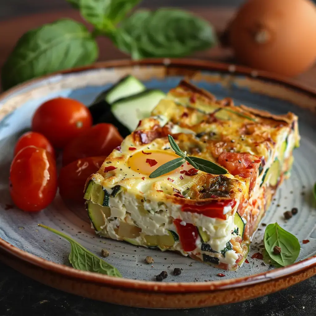 Terrine aux légumes du soleil garnie d'herbes fraîches, présentée avec des tomates cerises et feuilles de basilic