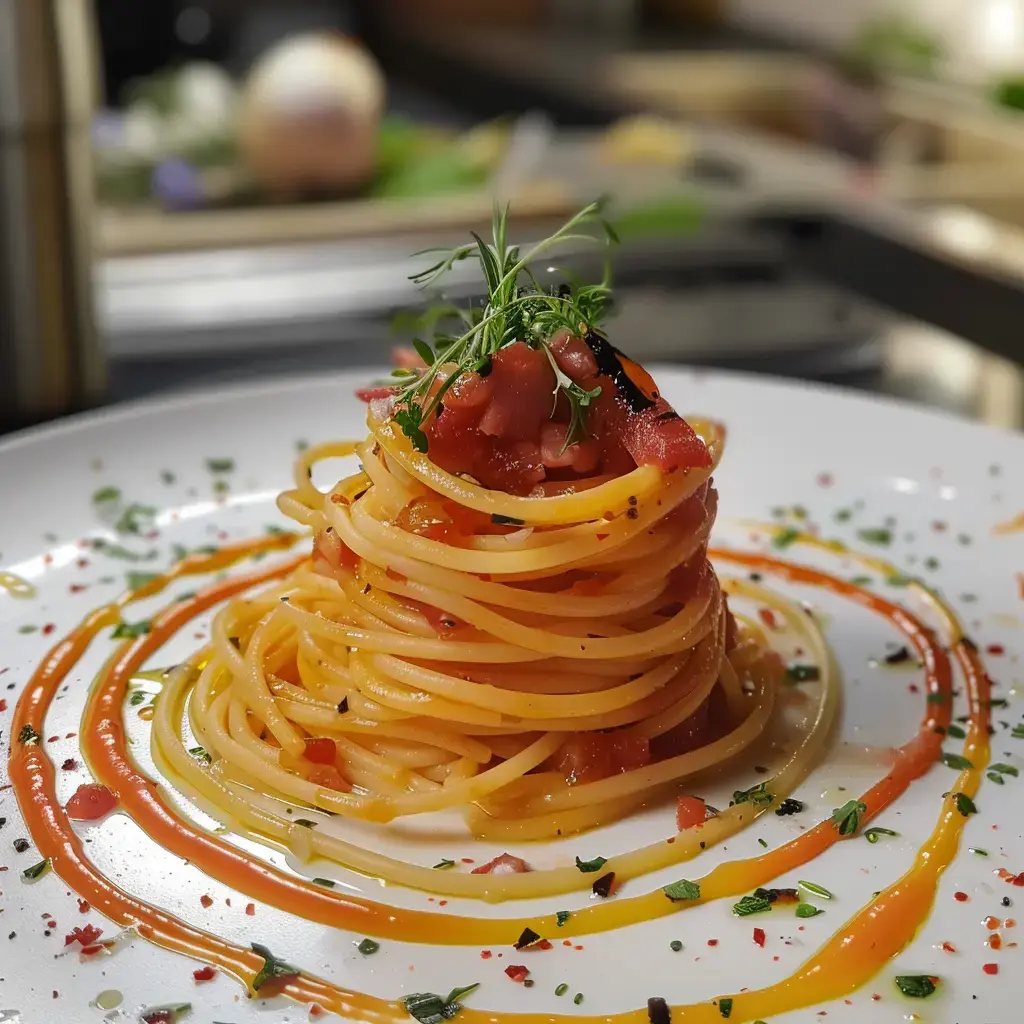 Une assiette de tagliatelles à la carbonara, garnie de lardons dorés et de Comté râpé, photographiée sur une table rustique