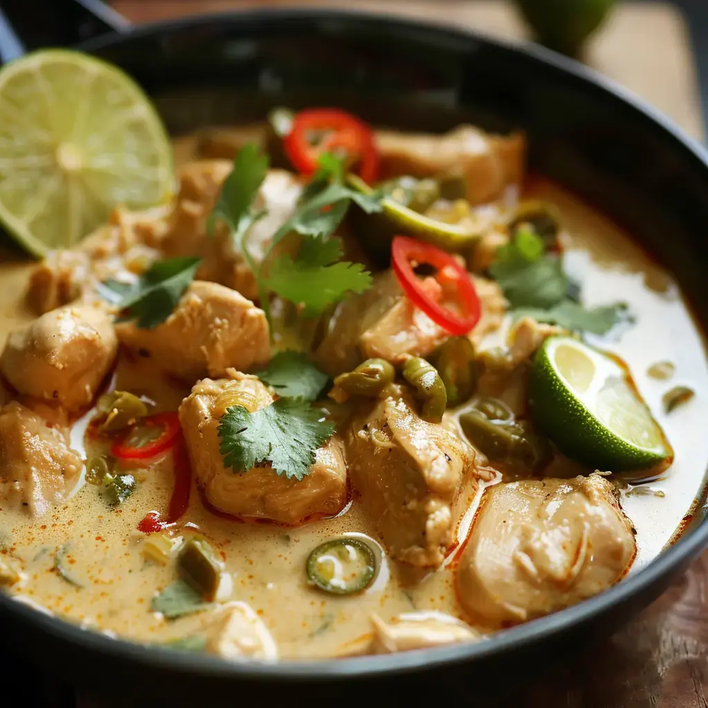 Un plat savoureux de poulet dans une sauce crémeuse avec des herbes, des piments rouges et des quartiers de citron vert.