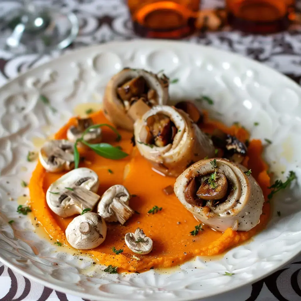 Médaillons de volaille farcis aux champignons des bois, accompagnés d'une purée de potimarron et garnis d'herbes fraîches