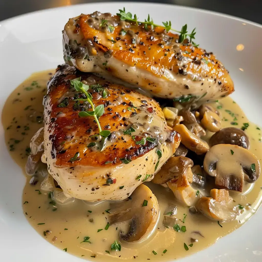 Suprêmes de volaille dorés garnis de thym, accompagnés de champignons dans une sauce crémeuse au Porto.