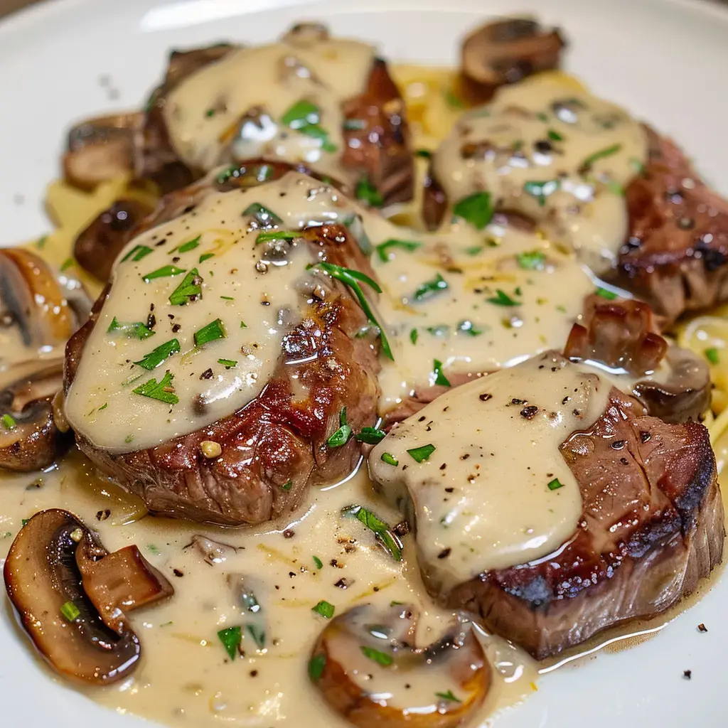 Filet mignon nappé d'une sauce crémeuse aux champignons, garni de persil frais