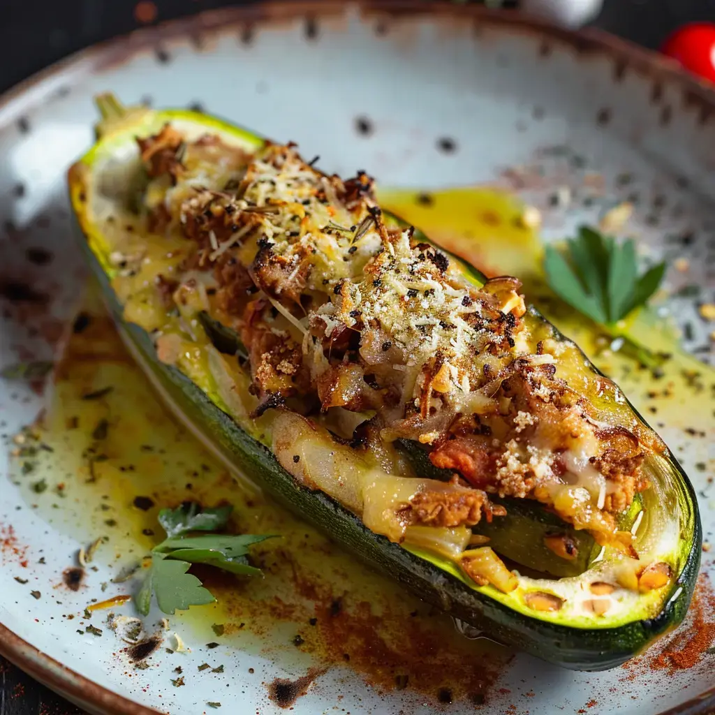 Courgette farcie gratinée au comté, garnie de volaille et d'aromates, présentée dans une assiette avec sa sauce