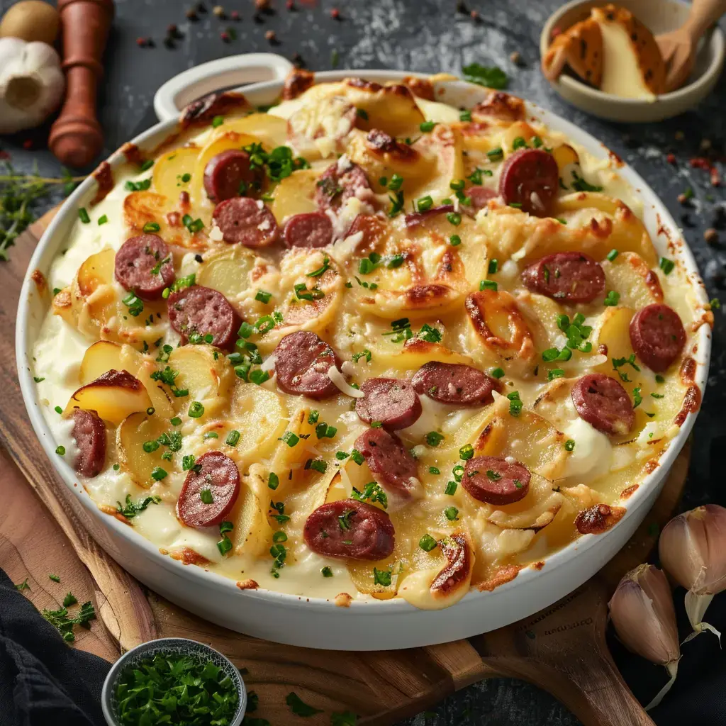 Gratin de pommes de terre au Maroilles et saucisse de Morteau gratiné