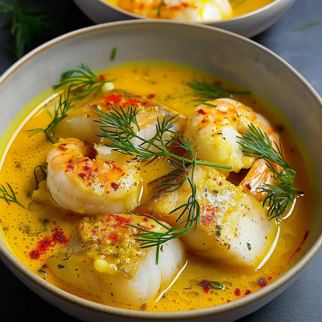 Blanquette de poisson au lait de coco garnie d'herbes fraîches et accompagnée de riz