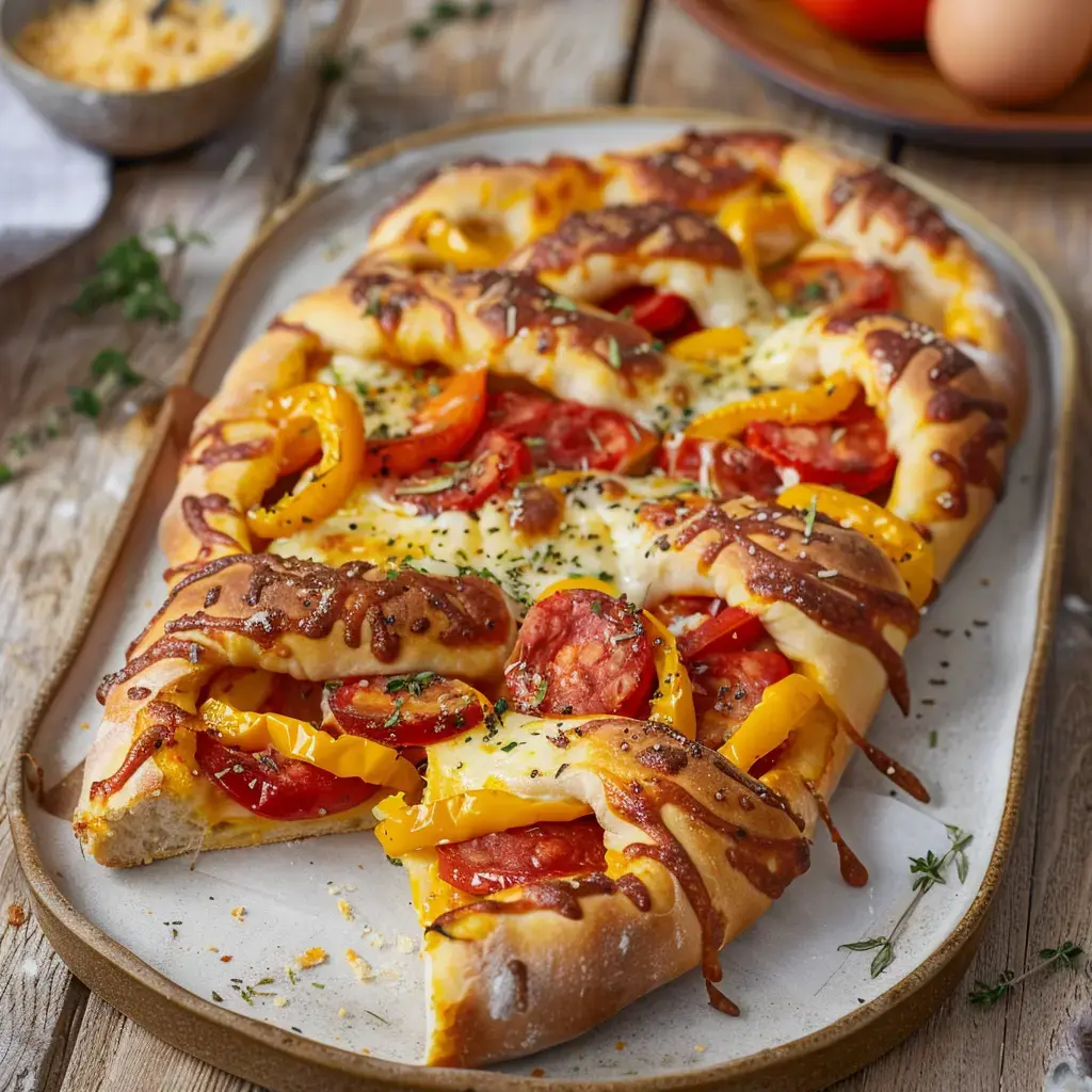 Une pizza tressée aux couleurs vives, garnie de tomates, poivrons et fromage fondu, servie sur une planche en bois