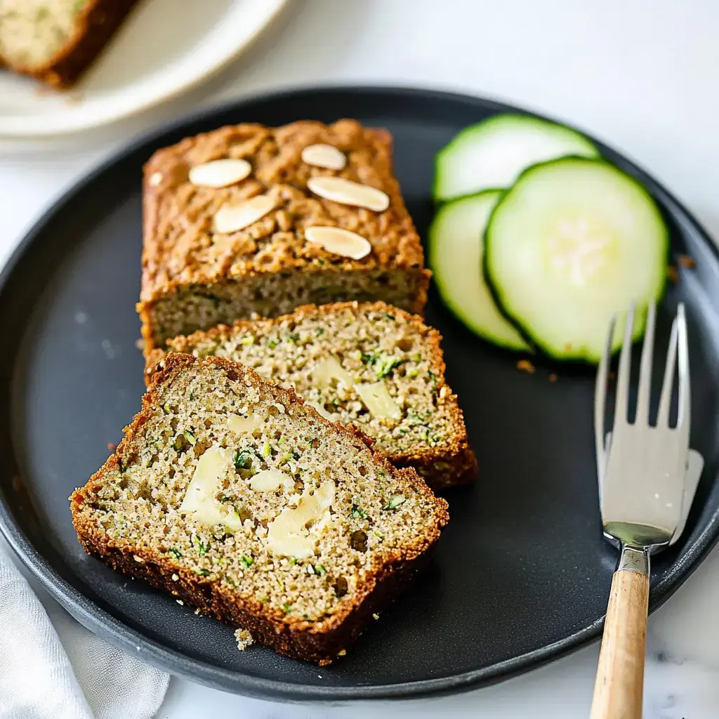 Une tranche de pain aux courgettes sans gluten servie sur une assiette en ardoise, accompagnée de fines rondelles de courgettes fraîches