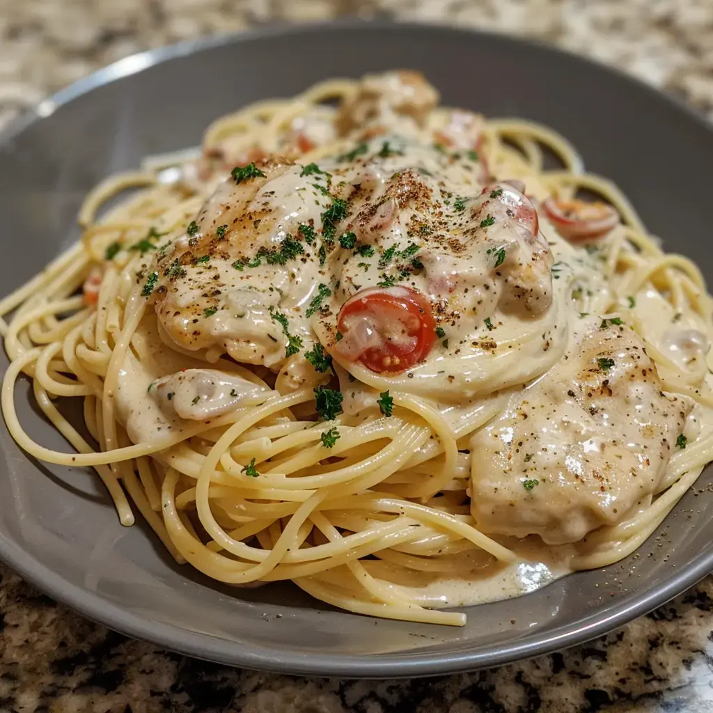 Tagliatelles crémeuses au poulet, tomates cerises et persil, servies dans une assiette grise.