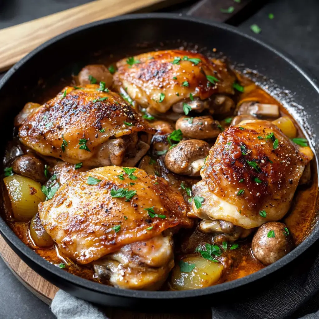 Un plat de Poulet Marengo traditionnel, avec ses cuisses dorées, ses champignons et sa sauce parfumée, servi dans une cocotte en fonte