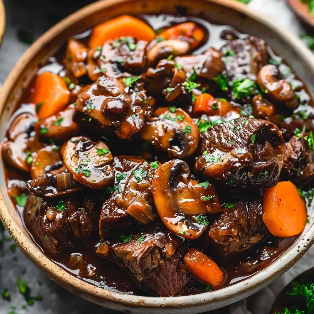 Joue de bœuf mijotée aux champignons et légumes, parsemée de persil frais