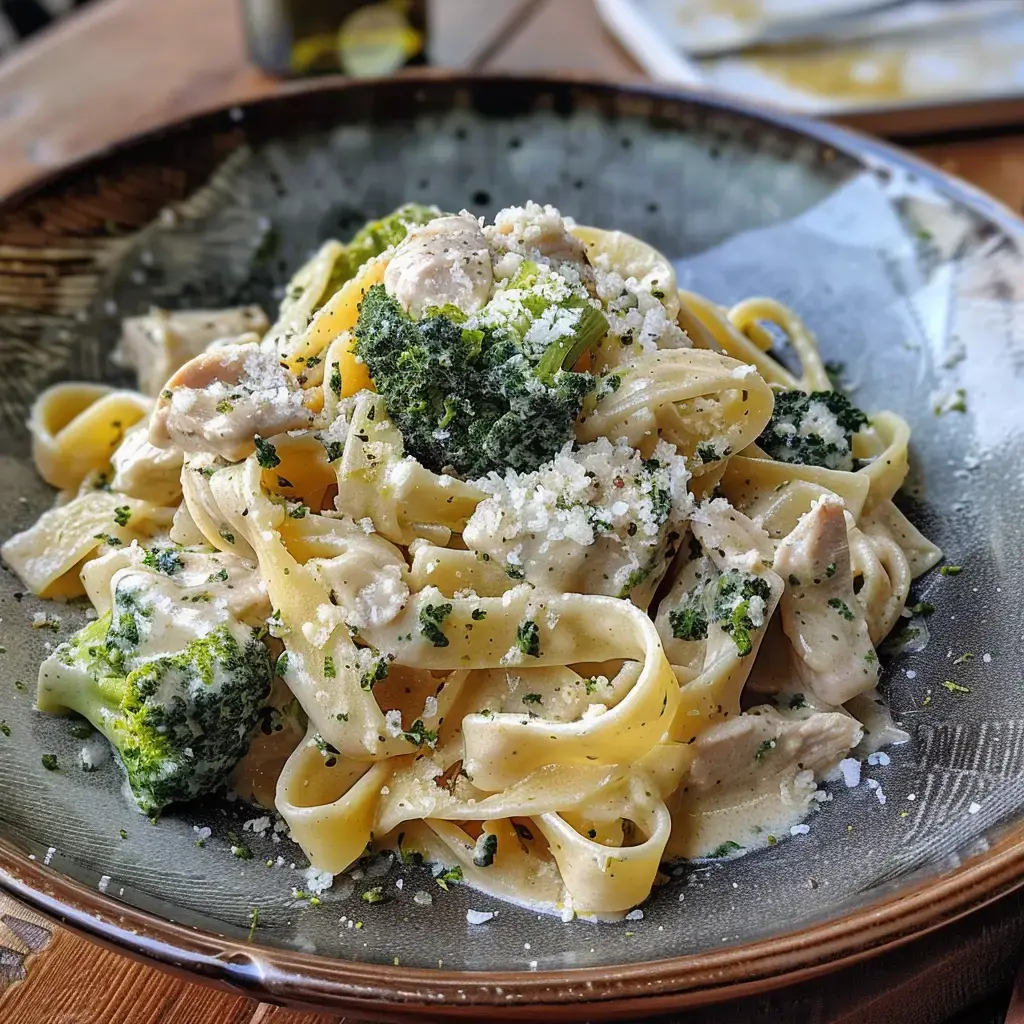 Un plat de pâtes à la française avec poulet fermier et brocolis, nappé de sauce crémeuse