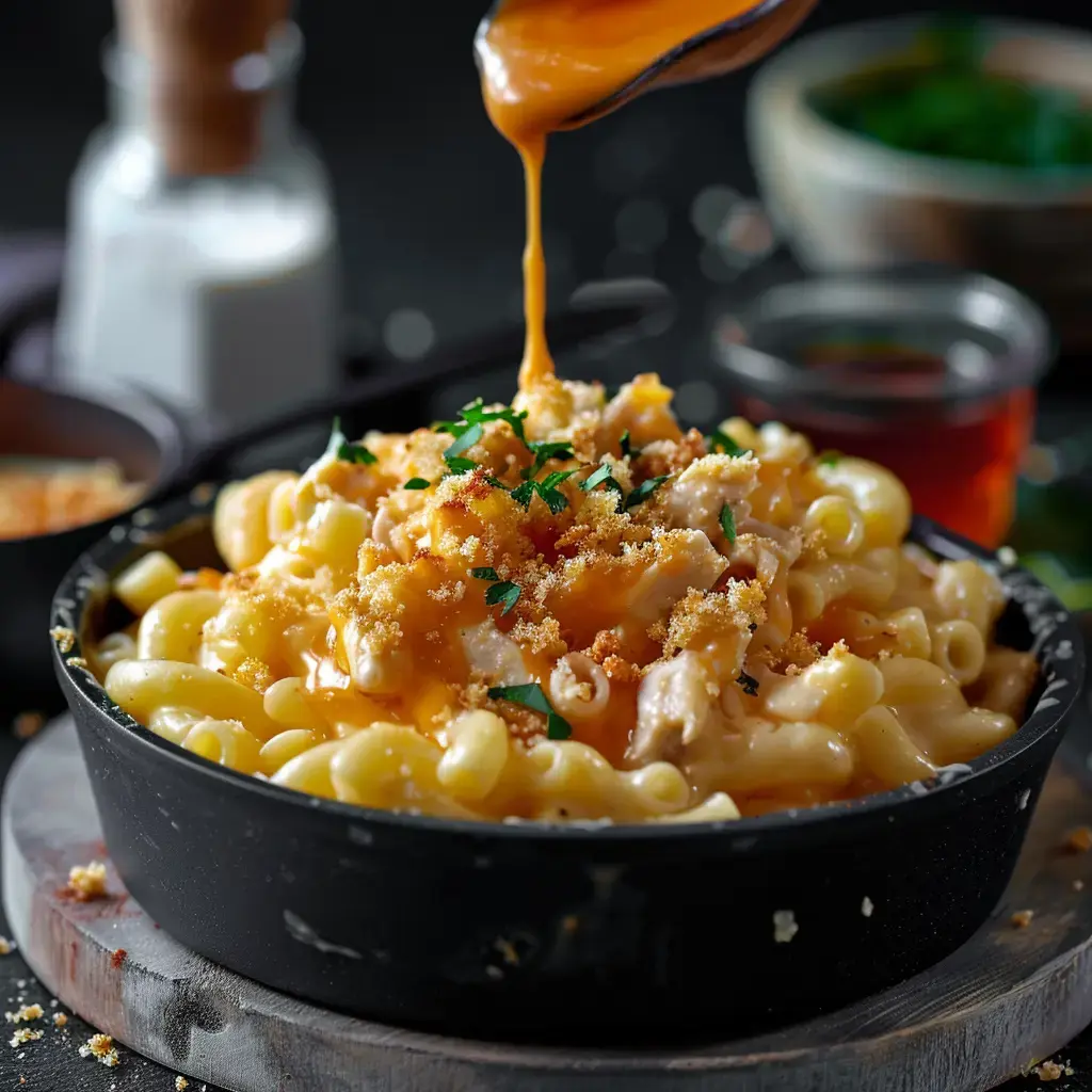 Un gratin de macaroni au fromage garni de chapelure dorée et nappé d'une sauce crémeuse, décoré d'herbes fraîches.