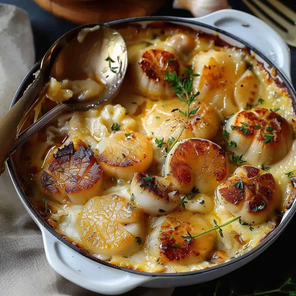 Une cassolette de Saint-Jacques gratinées à la normande, nappées de sauce crémeuse au cidre et parsemées d'herbes fraîches