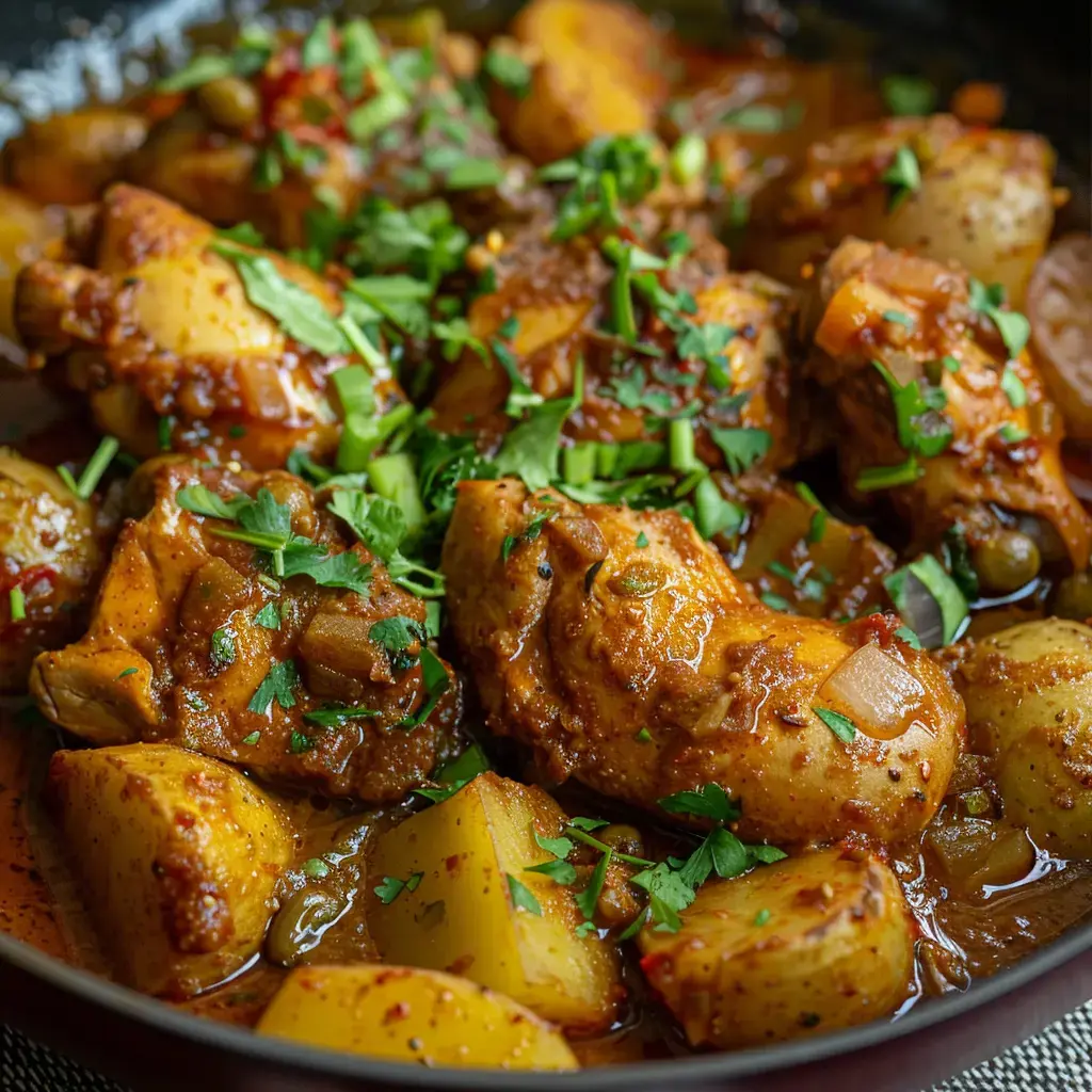 Un savoureux colombo de poulet garni de coriandre fraîche et accompagné de pommes de terre.