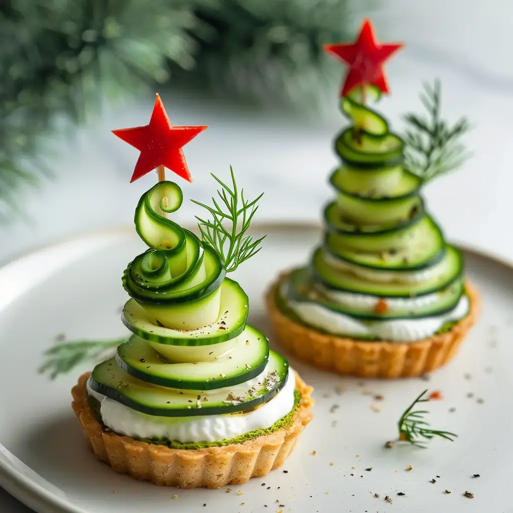 Deux tartes décorées en forme de sapin de Noël avec des rondelles de concombre, du fromage frais et une étoile en poivron rouge.