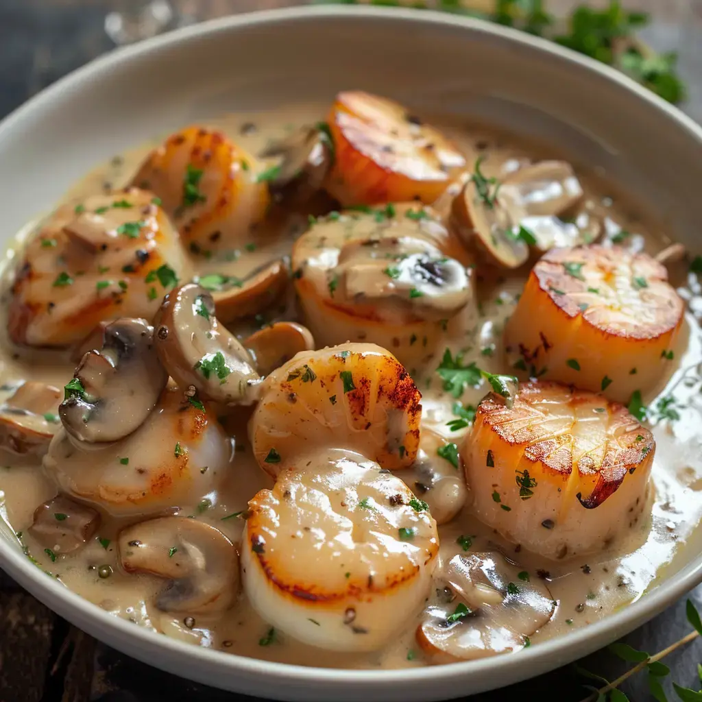 Un plat de noix de Saint-Jacques et de champignons dans une sauce crémeuse, garni de persil frais.