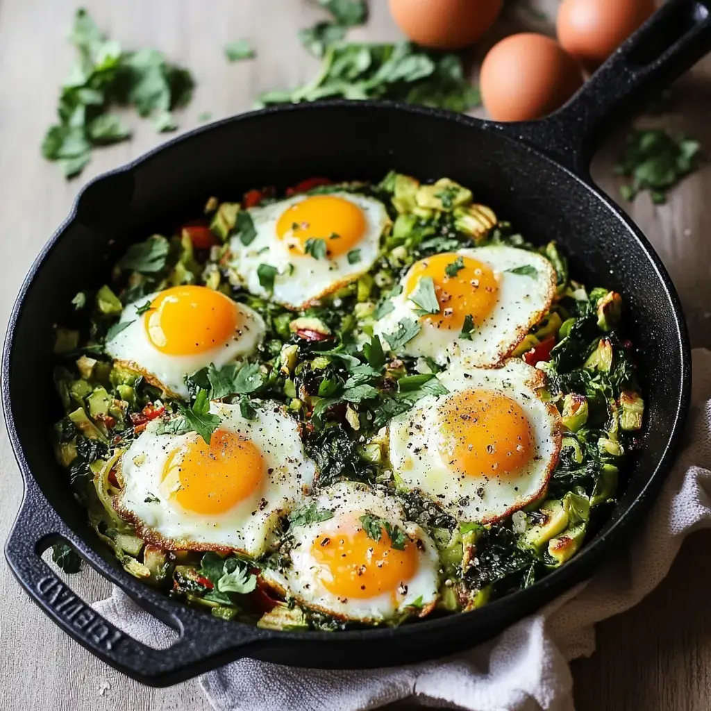 Une poêle en fonte contient des œufs au plat sur un lit de légumes verts et de coriandre fraîche.