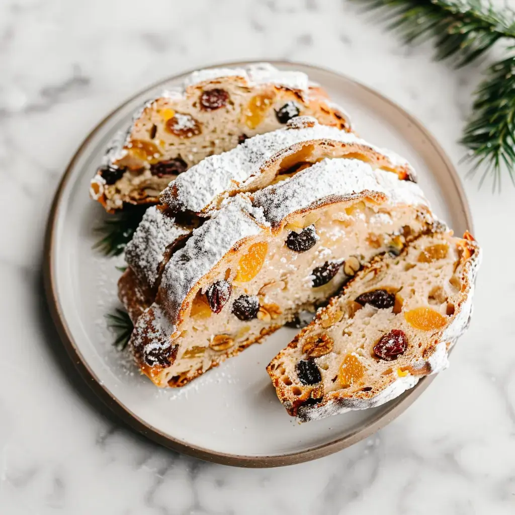 Une assiette ronde contenant des tranches de stollen garnies de fruits secs, saupoudrées de sucre glace, avec des branches de pin en arrière-plan.