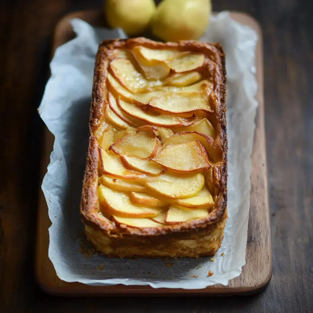 Un gâteau aux pommes est posé sur du papier parchemin, avec des pommes tranchées disposées sur le dessus, et deux pommes entières en arrière-plan.