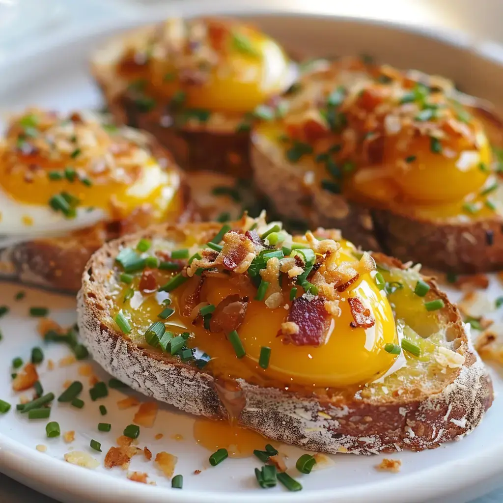 Tartine gourmande garnie d'un œuf confit, de lardons croustillants et de ciboulette fraîche