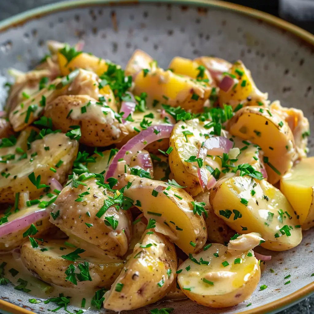 Salade de pommes de terre à la française garnie d'herbes fraîches