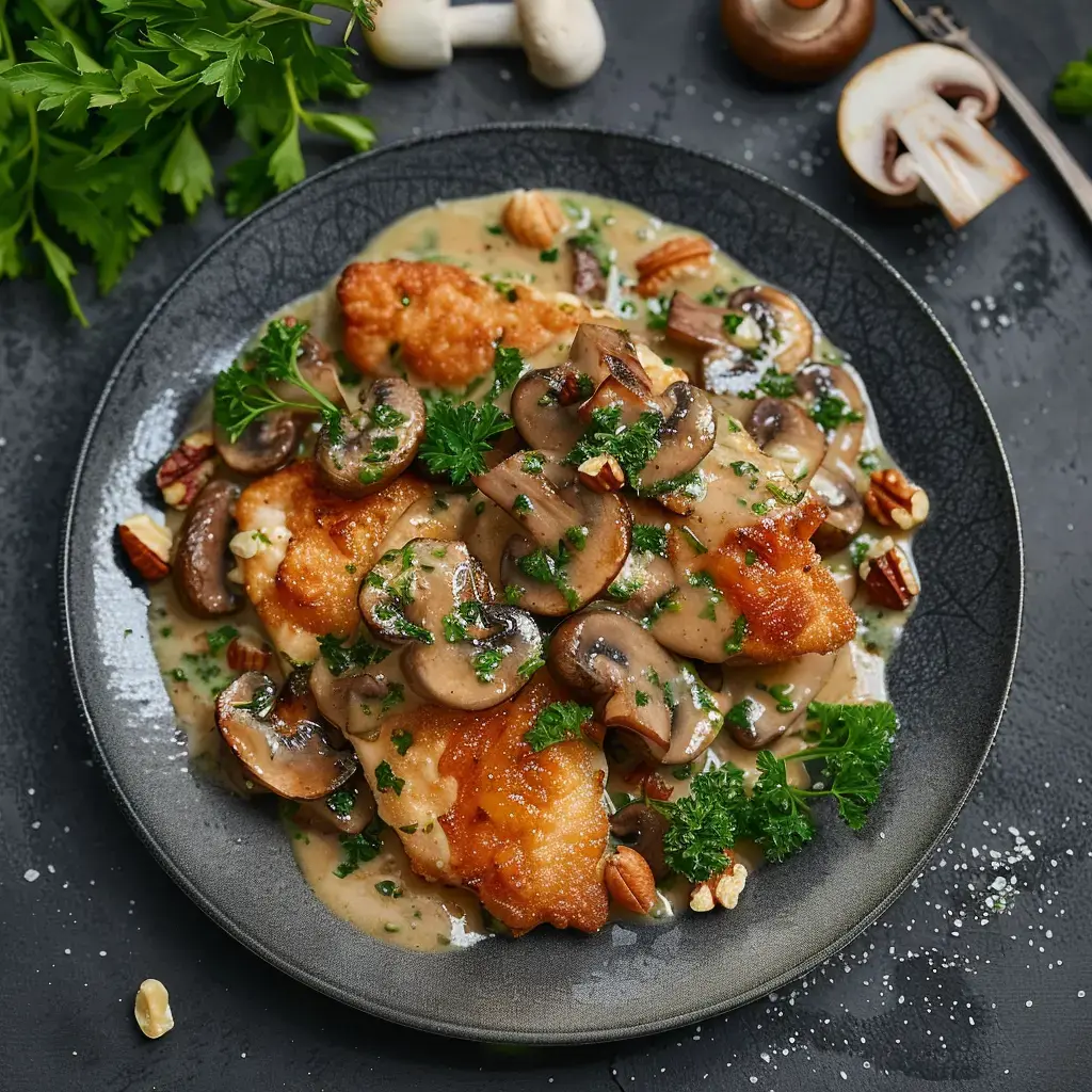 Aiguillettes de poulet nappées de sauce crémeuse aux champignons, parsemées de noisettes et de persil frais