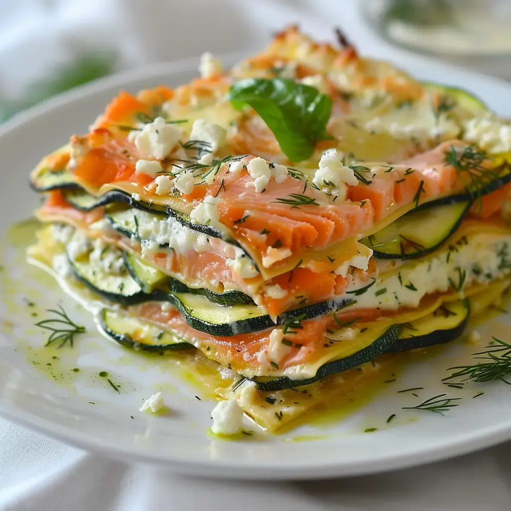 Une lasagne de saumon et courgettes, garnie de fromage et d'herbes fraîches, servie sur une assiette.