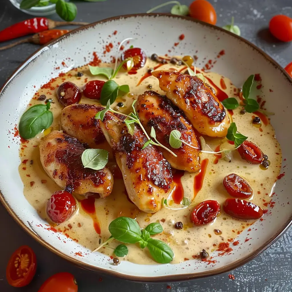 Aiguillettes de poulet nappées de sauce crémeuse, garnies de tomates confites et de basilic frais