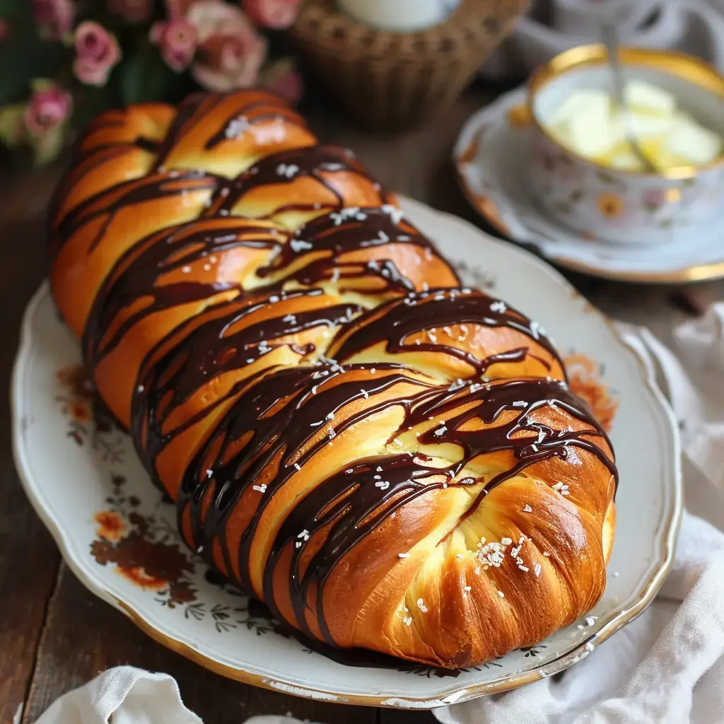 Une brioche tressée dorée avec sa garniture au chocolat fondu et éclats de fleur de sel, présentée sur un plat en céramique avec une coupelle de beurre